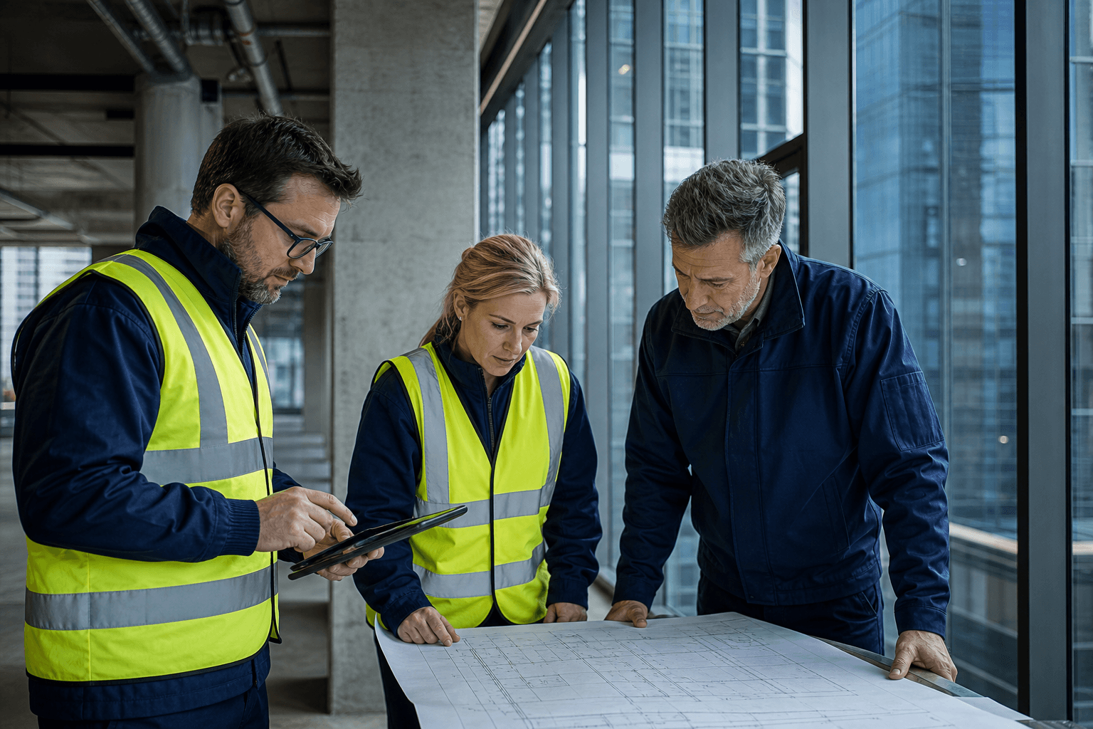 Fire safety professionals reviewing building plans during a site inspection